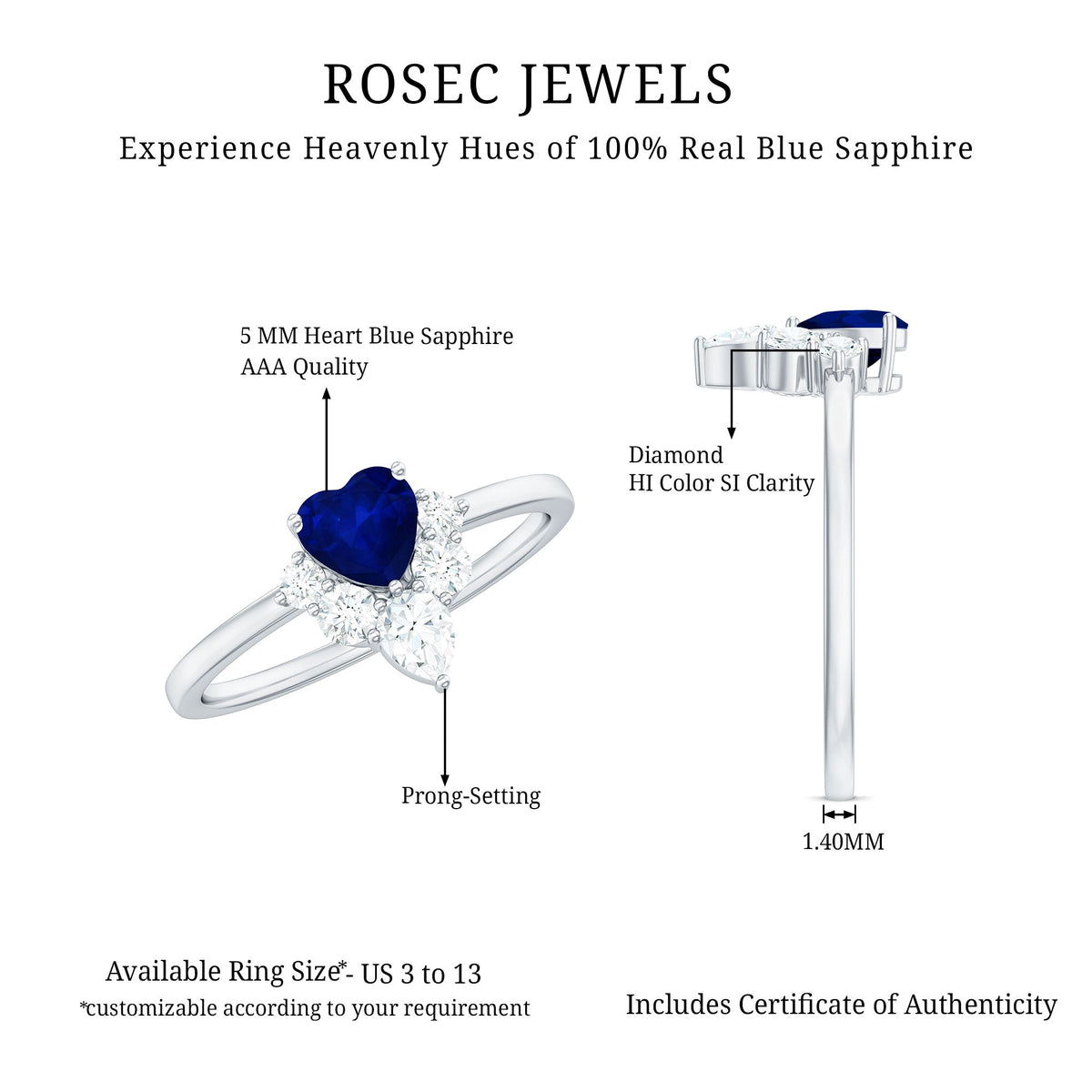 Heart-shaped blue sapphire promise ring with diamond accents, featuring a 0.6 carat center stone, from Rosec Jewels rings collection.