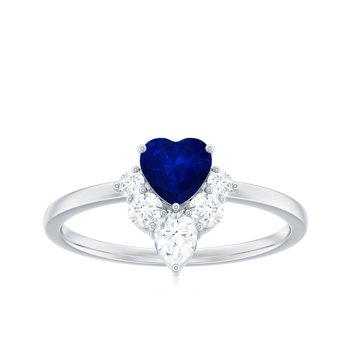 Heart-shaped blue sapphire promise ring with diamond accents from Rosec Jewels, showcasing the detailed gemstone setting.
