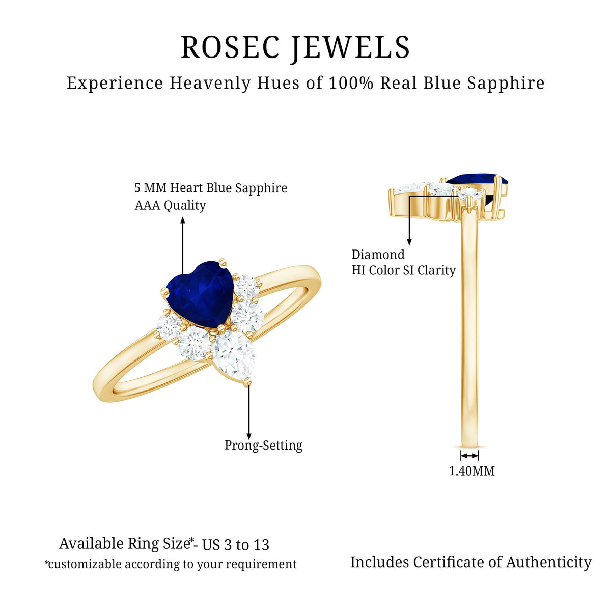 Heart-shaped blue sapphire promise ring with diamond accents, crafted by Rosec Jewels, featuring a 0.6 carat gemstone and elegant design.