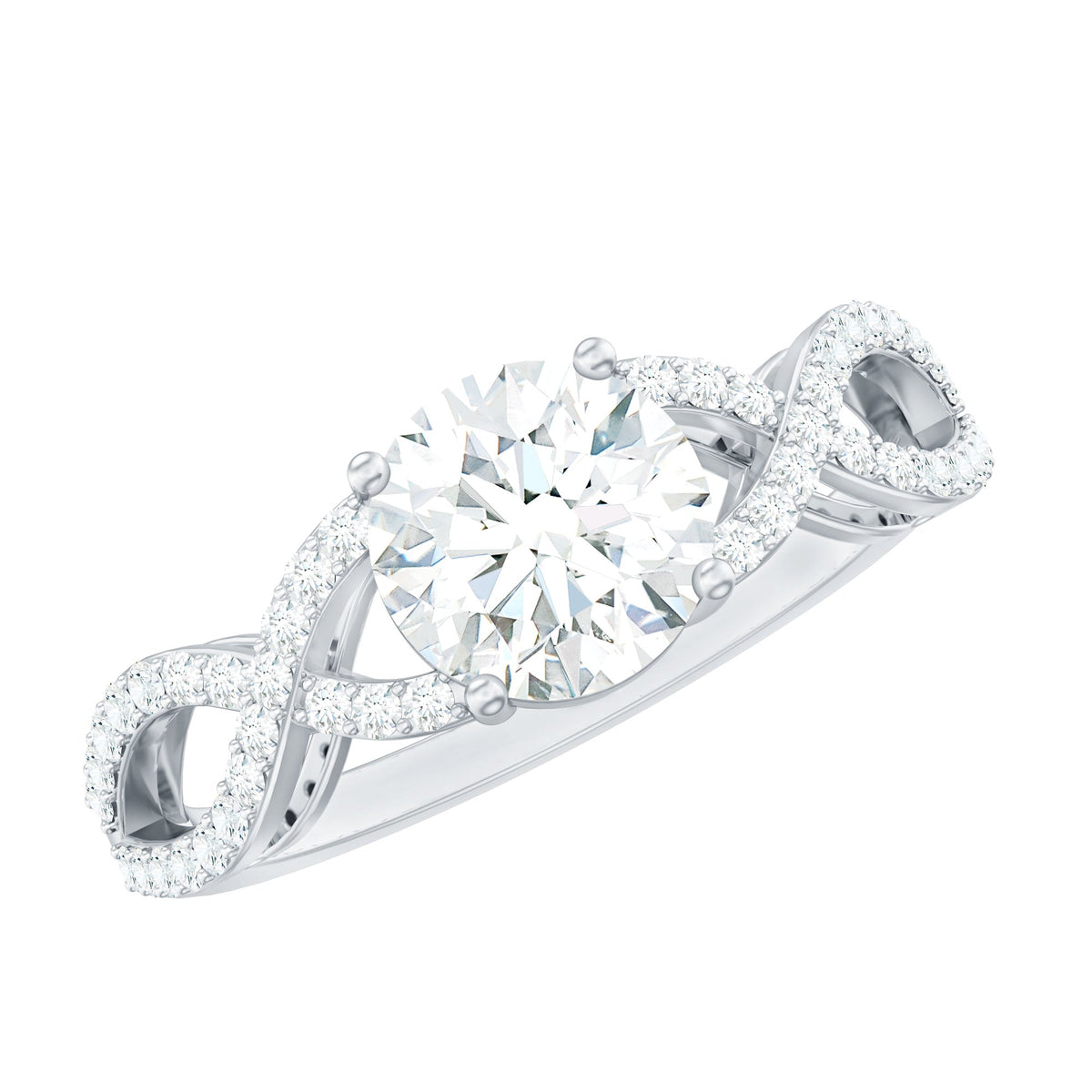 Two carat round cut solitaire zircon crossover engagement ring from Rosec Jewels, featuring a sparkling central gemstone and intricate band design.