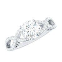 Two carat round cut solitaire zircon crossover engagement ring from Rosec Jewels, featuring a sparkling central gemstone and intricate band design.