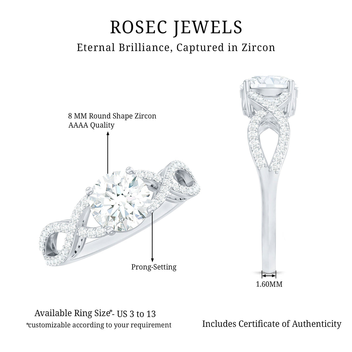 Rosec Jewels 2 Carat round cut solitaire zircon crossover engagement ring, showcasing a sparkling central stone and intricate band detail.