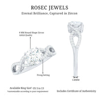 Rosec Jewels 2 Carat round cut solitaire zircon crossover engagement ring, showcasing a sparkling central stone and intricate band detail.