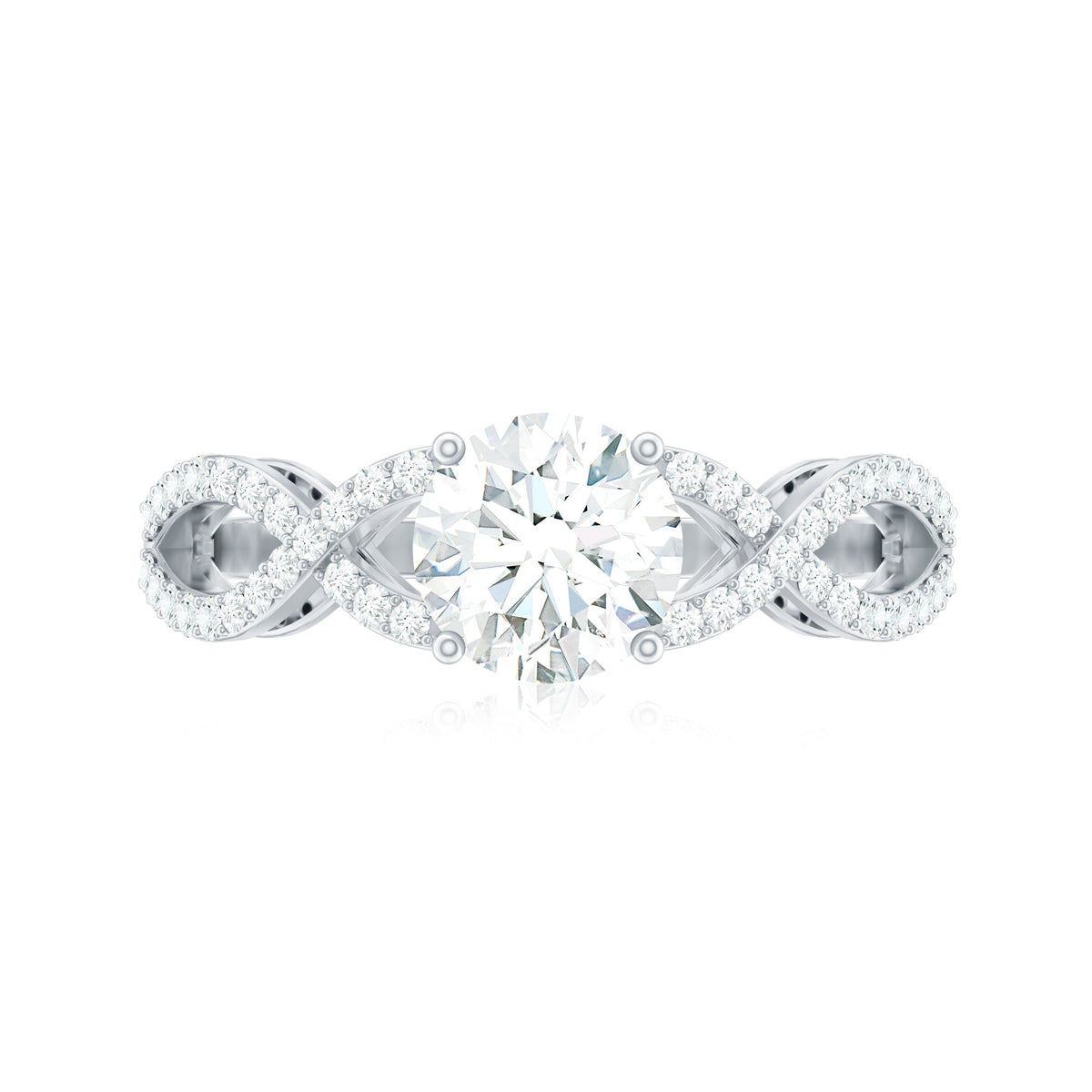 Two-carat round cut solitaire zircon crossover engagement ring by Rosec Jewels with a sleek band and sparkling center stone.
