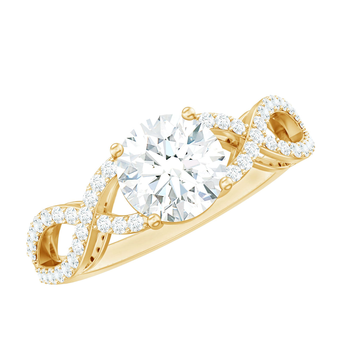 Round cut 2 carat zircon solitaire crossover engagement ring by Rosec Jewels, featuring a sleek band and sparkling central stone.