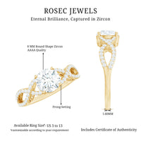 Two-carat round cut solitaire zircon crossover engagement ring from Rosec Jewels with elegant design and sparkling central stone.