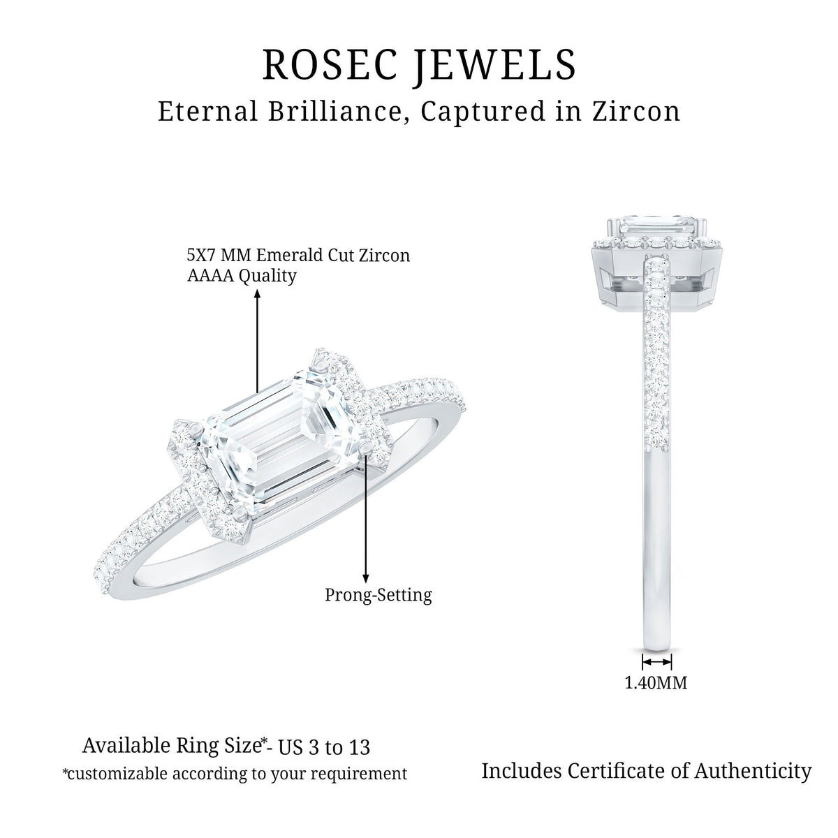 Elegant 1.7 carat cubic zirconia emerald cut east-west engagement ring by Rosec Jewels with a sleek silver band.