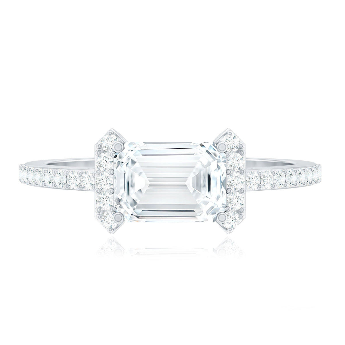 Rosec Jewels 1.7 Carat Cubic Zirconia emerald cut east-west engagement ring showing the sparkling center stone and sleek band.