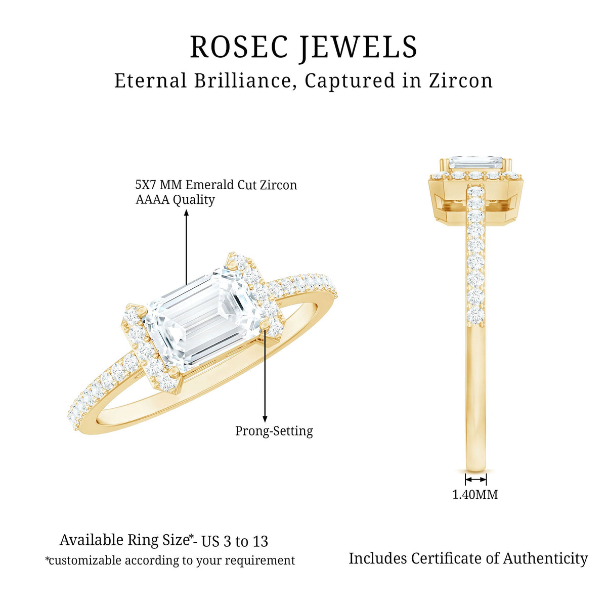 Rosec Jewels 1.7 Carat cubic zirconia emerald cut east-west engagement ring with sleek band and sparkling center stone.