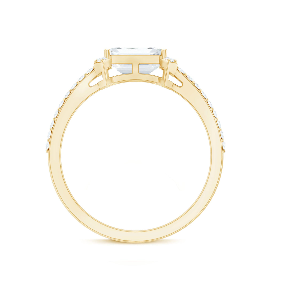 Elegant 1.7 carat cubic zirconia emerald cut east-west engagement ring by Rosec Jewels, showcasing a sparkling center stone and sleek band.