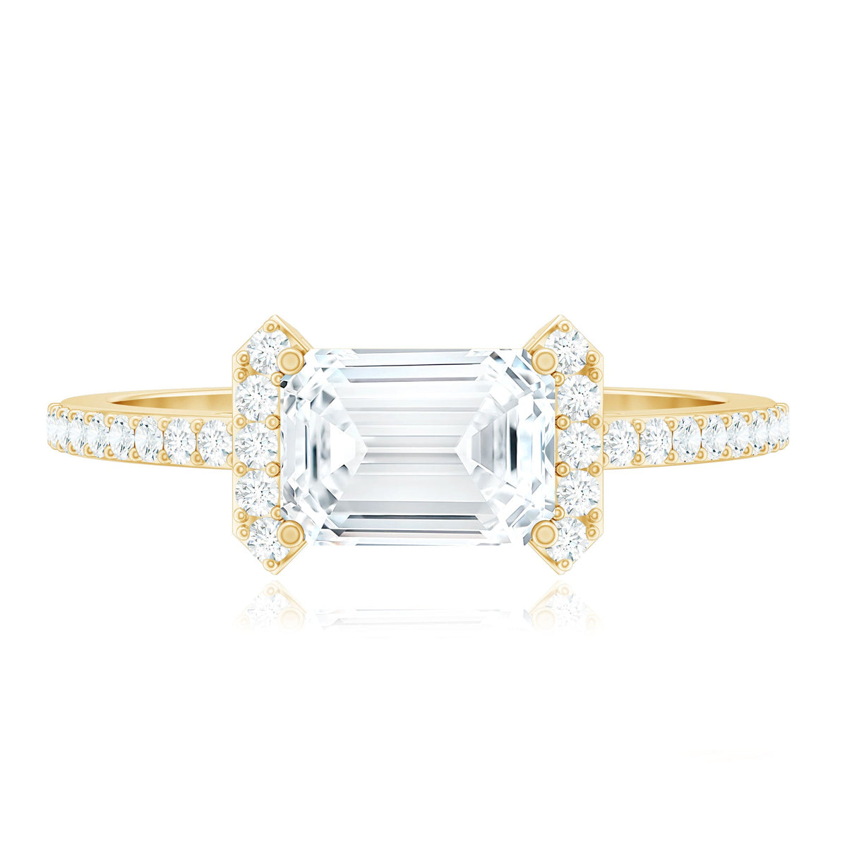 Elegant 1.7 carat cubic zirconia emerald cut east-west engagement ring by Rosec Jewels with a sleek band and sparkling stone.