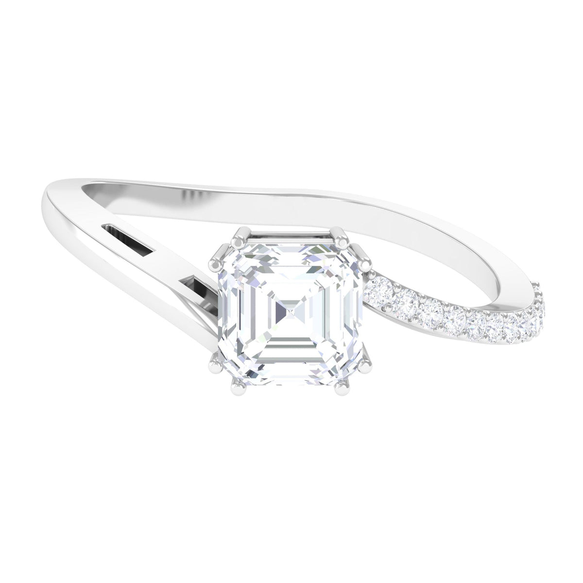 Asscher cut 1.75 CT zircon solitaire bypass engagement ring by Rosec Jewels featuring a sleek, modern design.