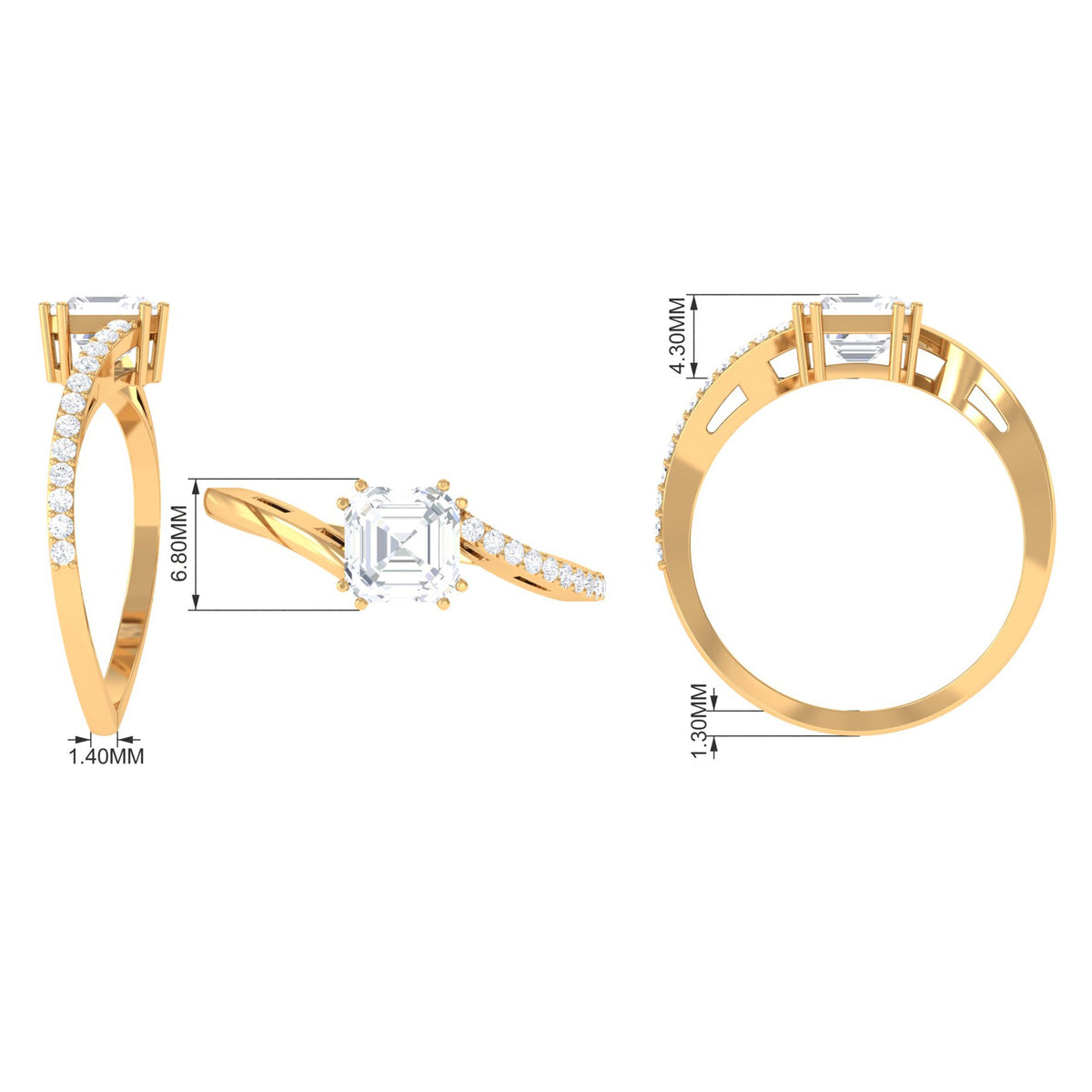 Asscher cut solitaire zircon bypass engagement ring in silver tone from Rosec Jewels, showcasing the elegant ring design.
