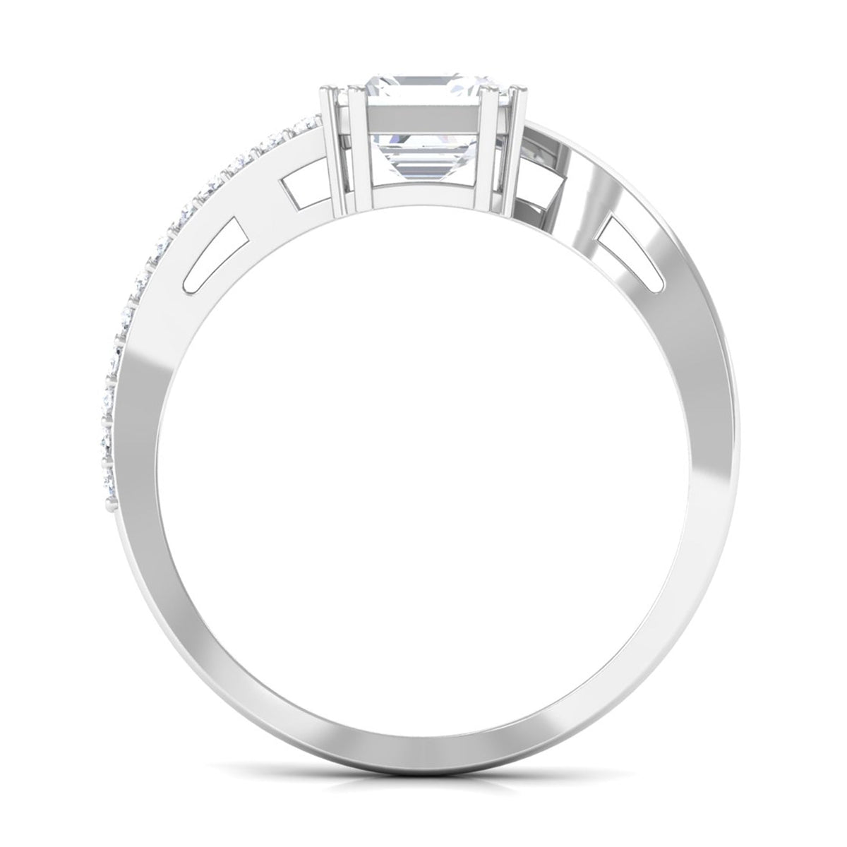 Asscher cut solitaire zircon engagement ring with bypass design by Rosec Jewels, showcasing a 1.75 CT sparkling stone and elegant band.