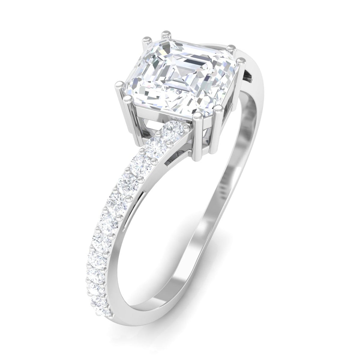 Asscher cut 1.75 CT zircon solitaire bypass engagement ring by Rosec Jewels, featuring a sleek, modern design with intricate band details.