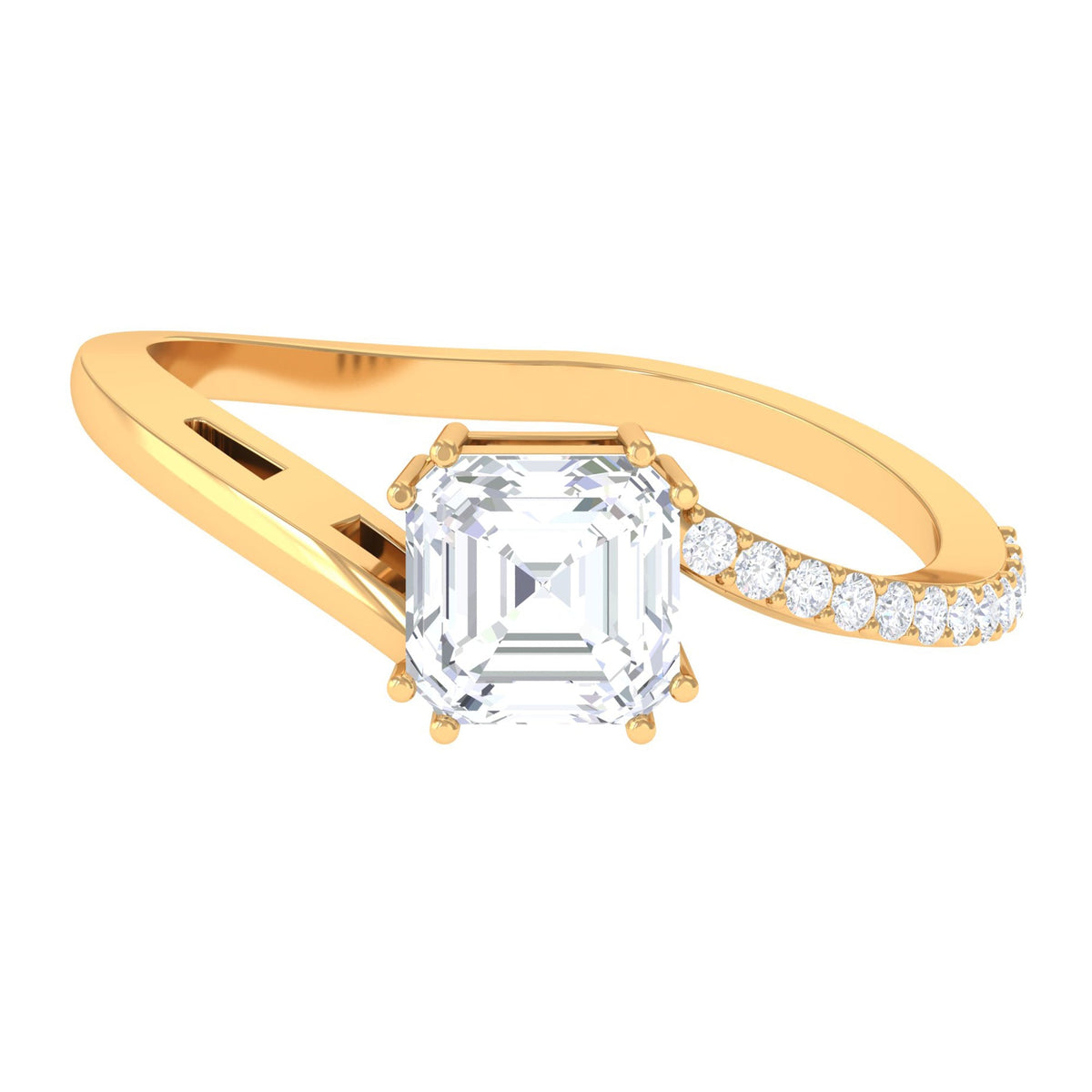 Asscher cut solitaire zircon engagement ring with bypass design, showcasing sparkling center stone and elegant band from Rosec Jewels.