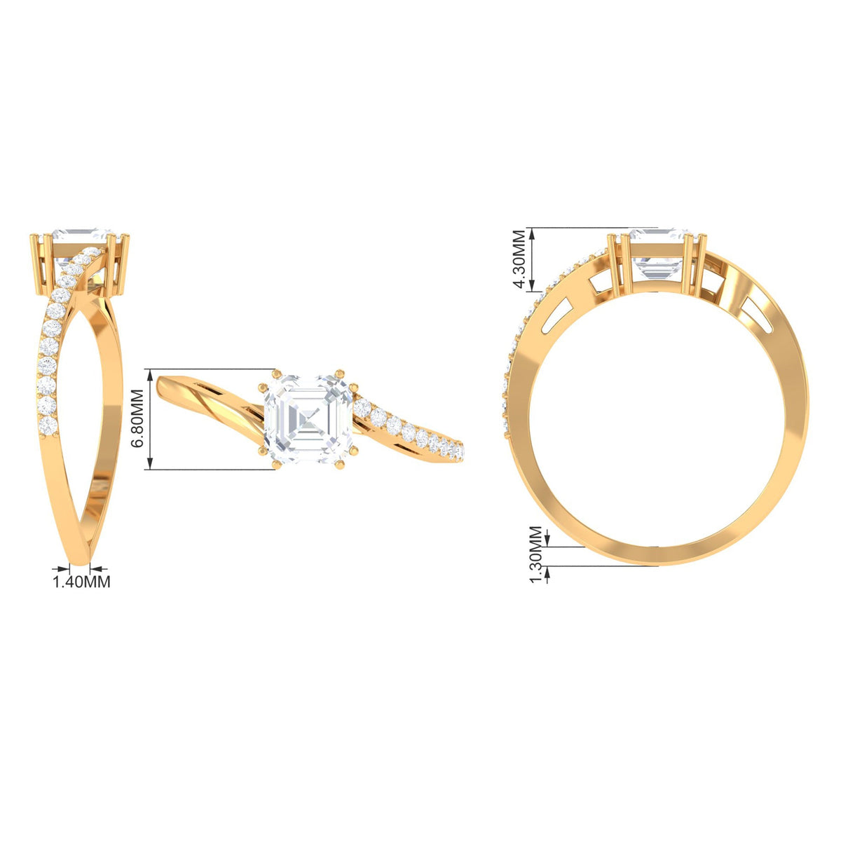 Asscher cut 1.75 CT zircon solitaire bypass engagement ring by Rosec Jewels, showcasing a sleek gold band and sparkling center stone.