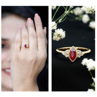 Vintage Style 0.75 Carat Ruby Marquise Engagement Ring with Diamond Trio