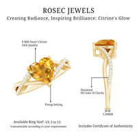 Natural 8mm Citrine Heart Engagement Ring with Diamond Crossover Shank