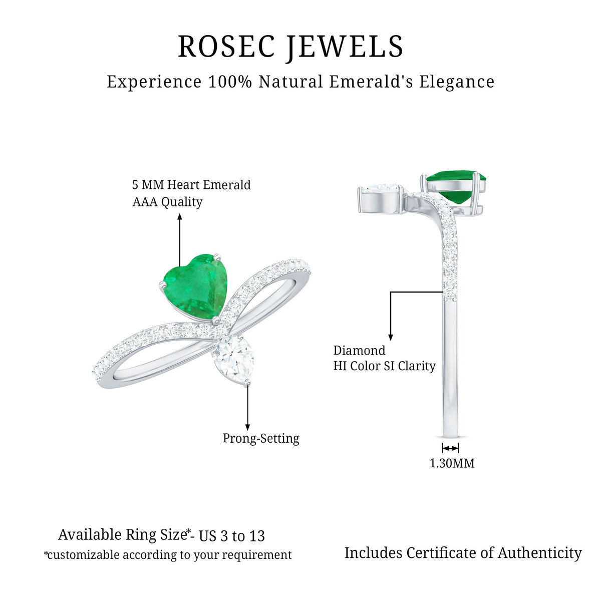 Elegant emerald heart engagement ring with diamond accents from Rosec Jewels, showcasing a detailed design and sparkling gemstones.