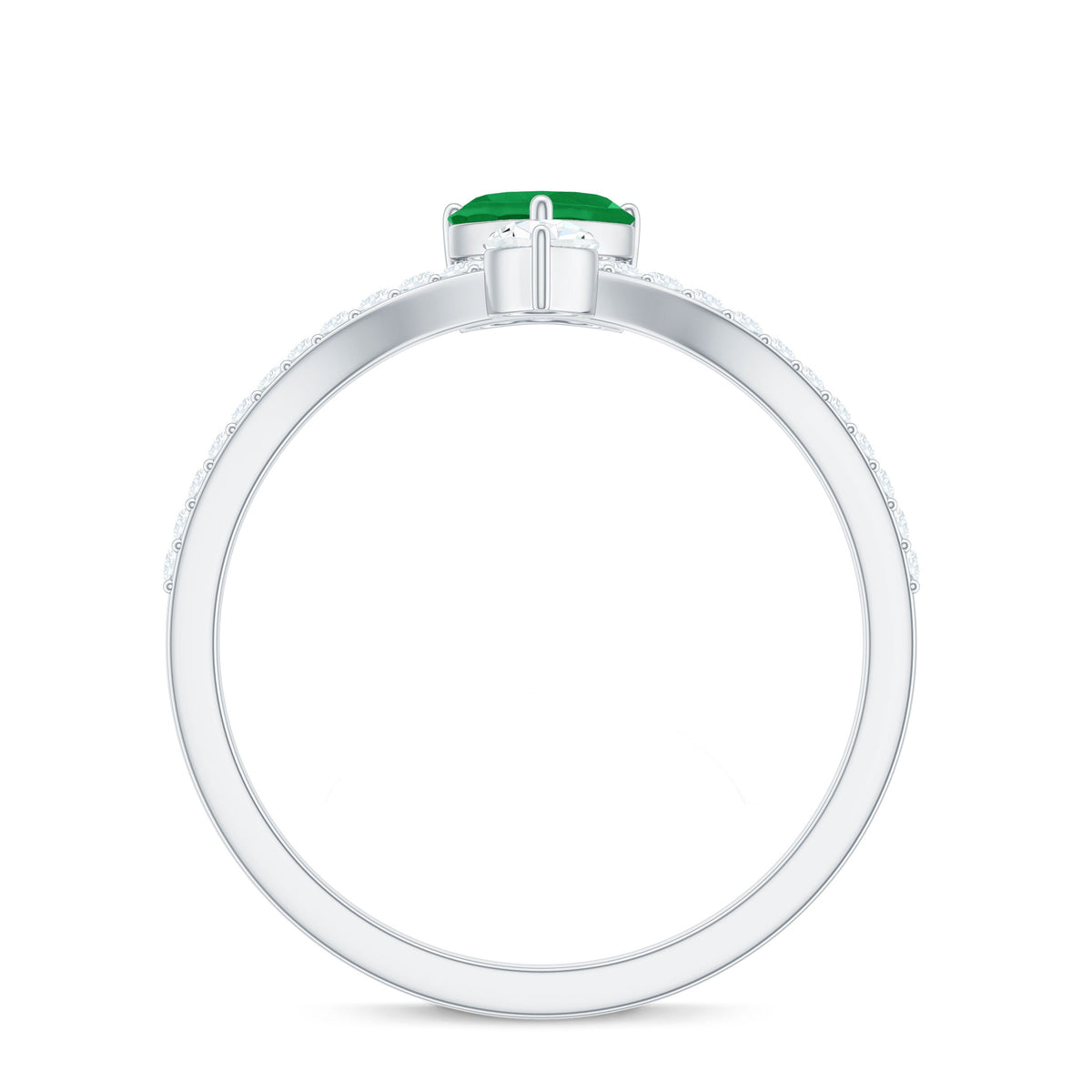 Rosec Jewels emerald heart engagement ring with diamond, showcasing a detailed design and sparkling central gemstone.