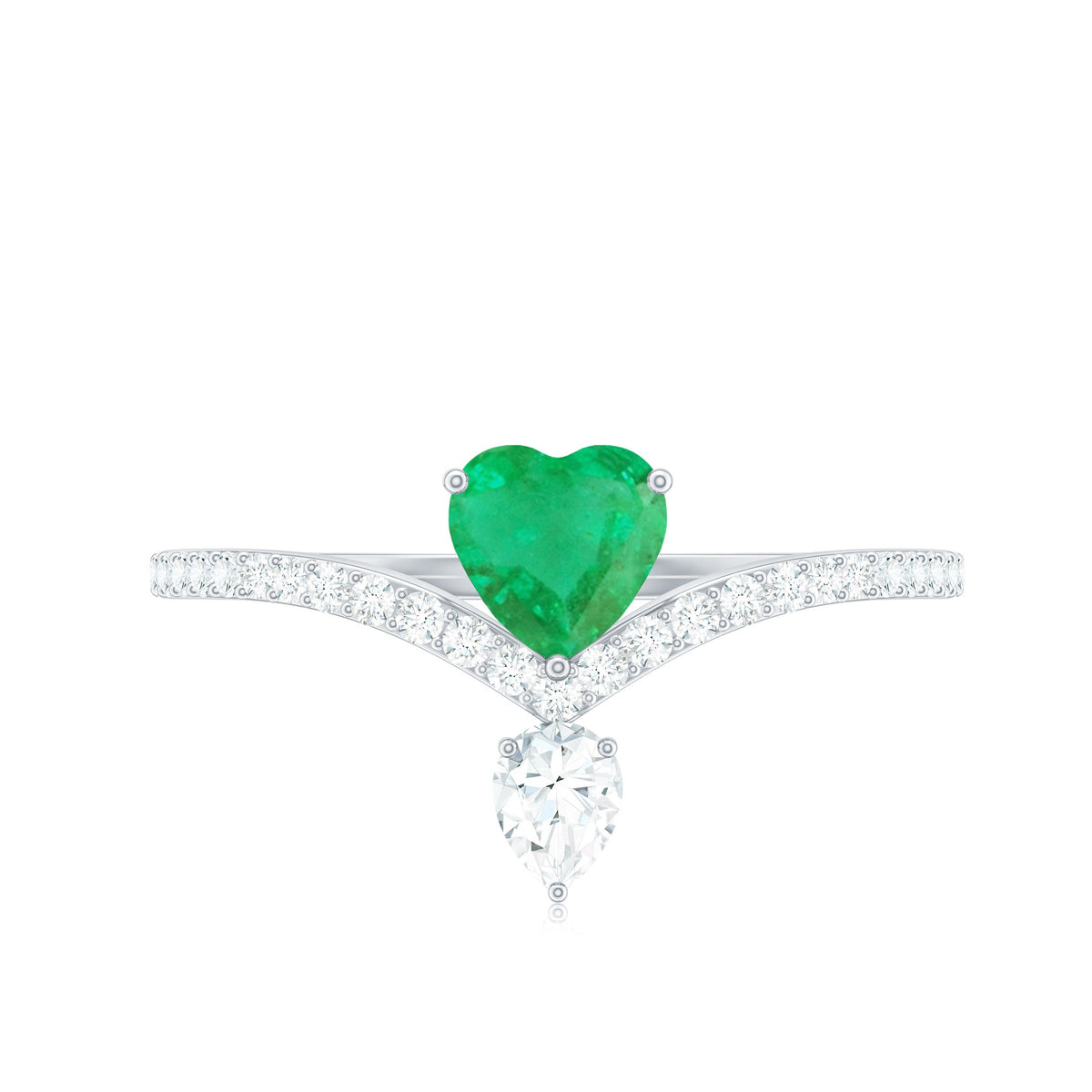 Rosec Jewels emerald heart engagement ring with diamond, featuring a detailed design and sparkling gemstone setting.