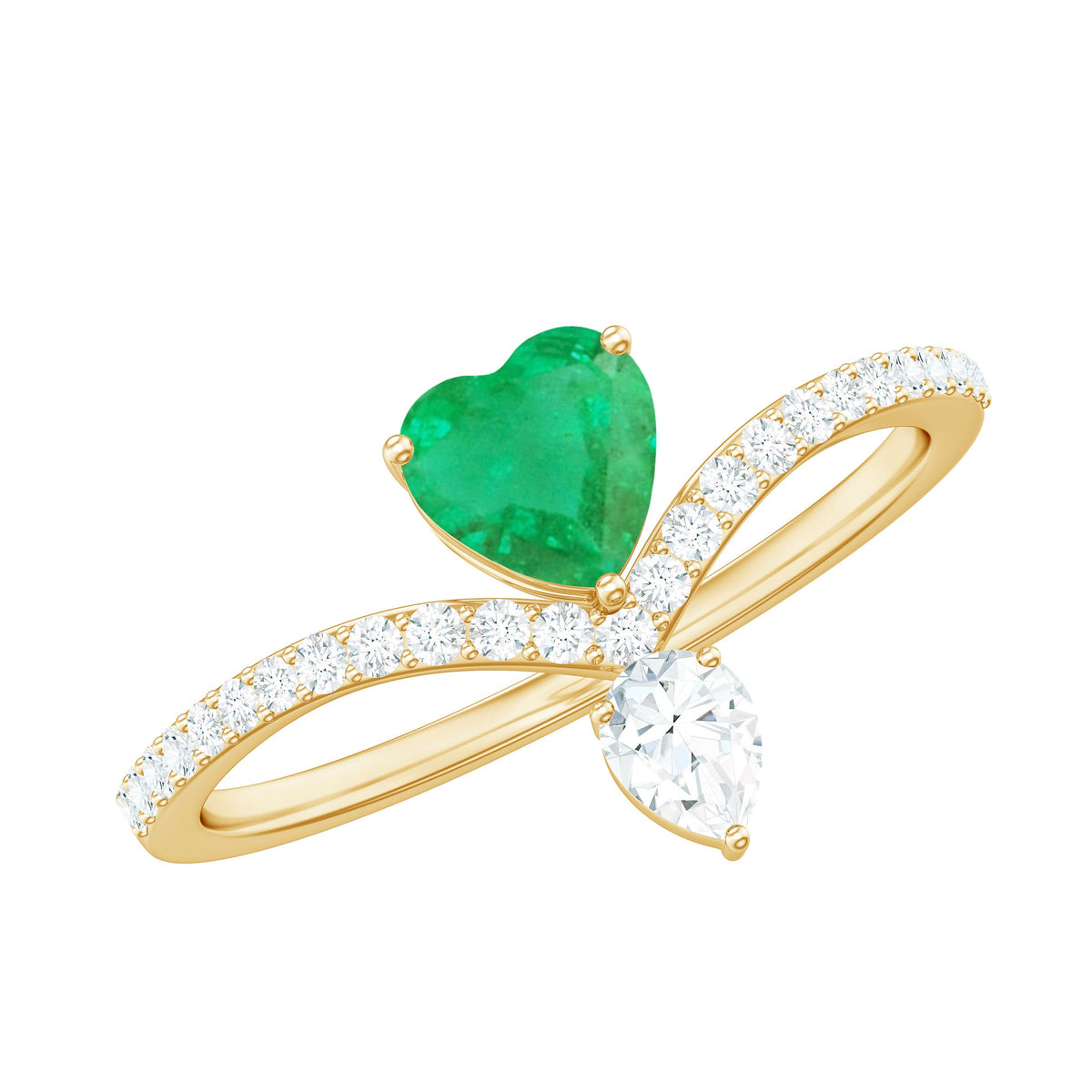 Rosec Jewels emerald heart engagement ring with diamond, showcasing a detailed design and sparkling gemstones on a sleek band.
