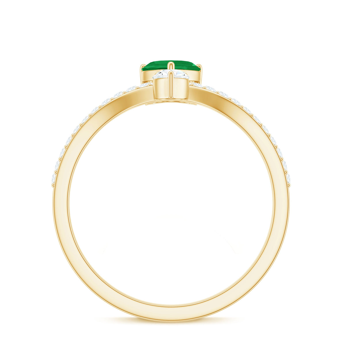 Rosec Jewels emerald heart engagement ring with diamond, featuring a detailed design and sparkling gemstone centerpiece.