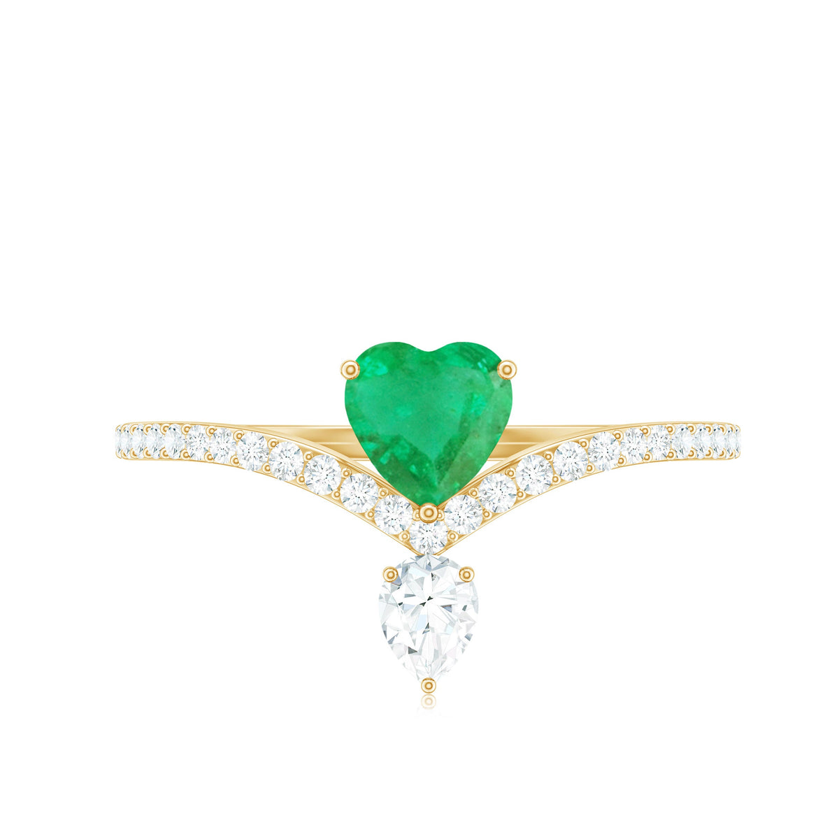 Rosec Jewels designer emerald heart engagement ring with diamond, showcasing a stunning green gemstone and intricate band design.