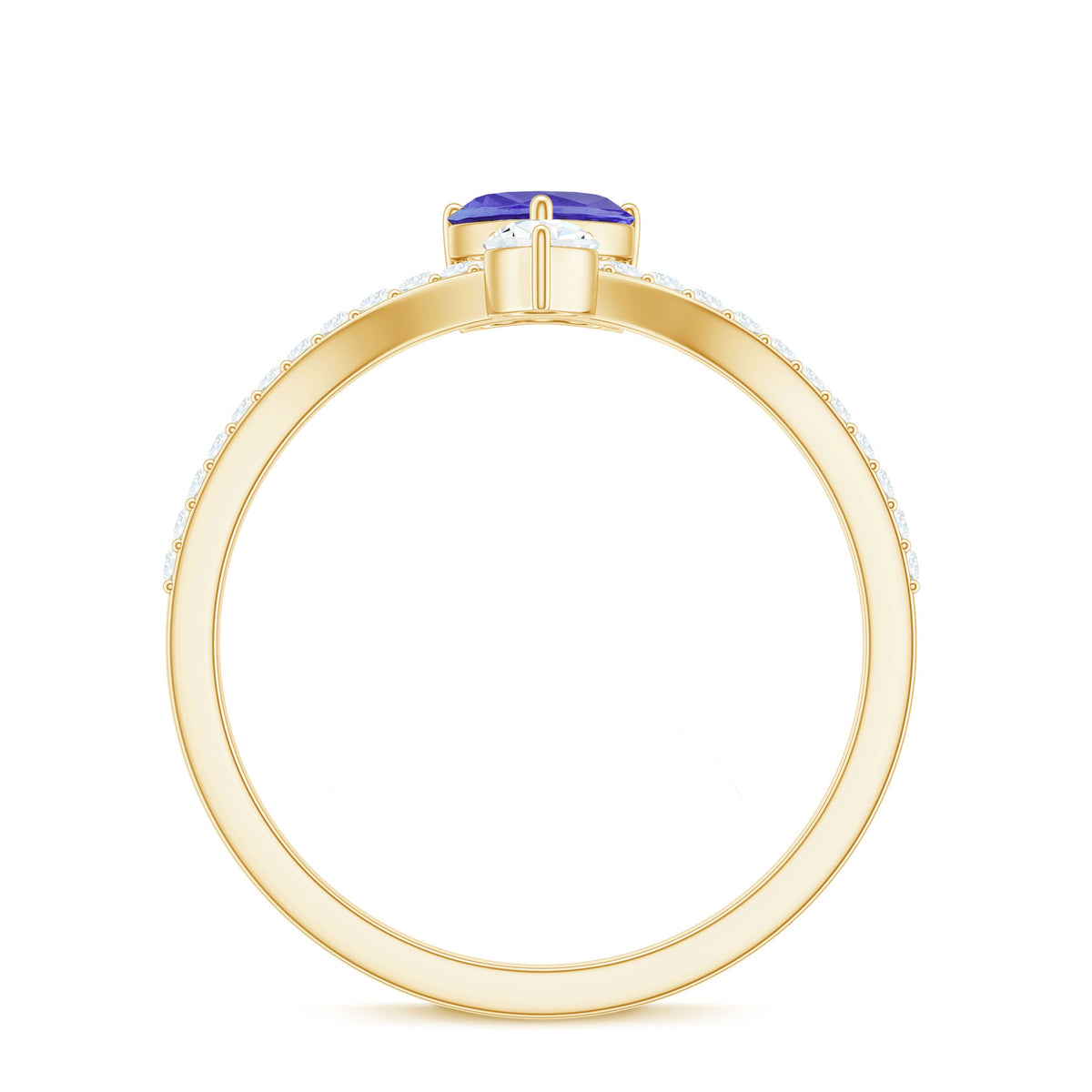 Heart-shaped Tanzanite engagement ring with diamond accents from Rosec Jewels, featuring a chevron band and certified real gemstones.