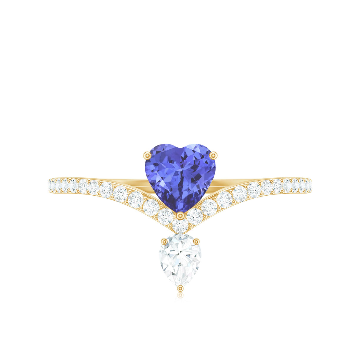 Heart-shaped Tanzanite engagement ring with diamond accent by Rosec Jewels, featuring a chevron band design.