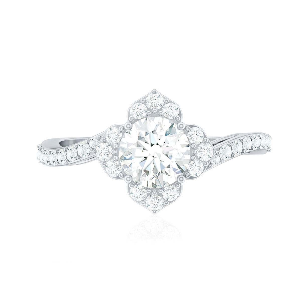 0.9 Carat Round Zircon Flower Engagement Ring in Bypass Shank
