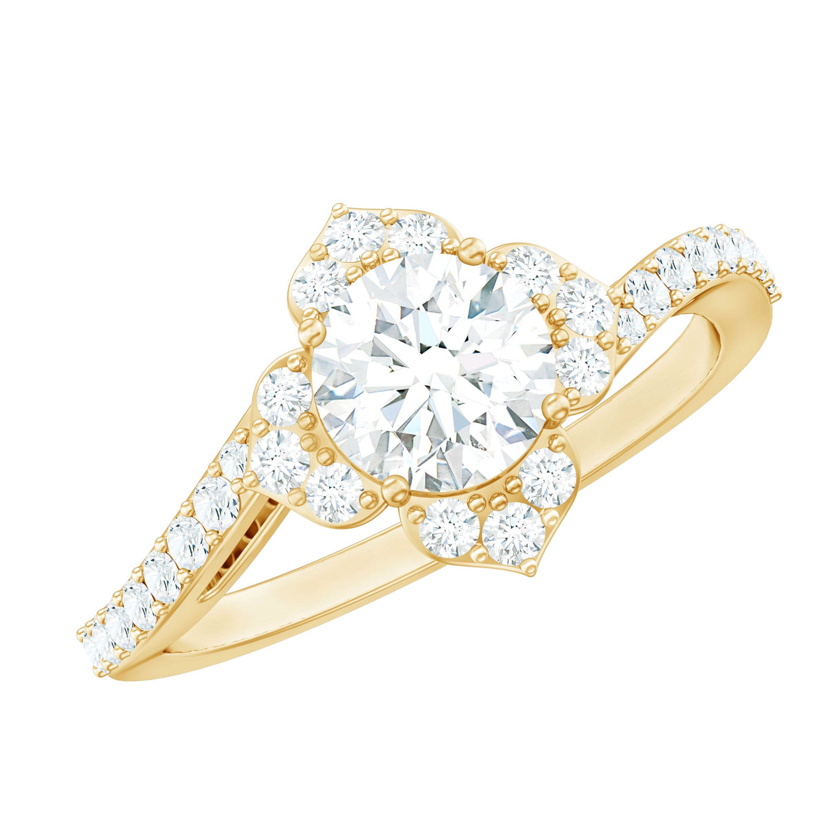0.9 Carat Round Zircon Flower Engagement Ring in Bypass Shank