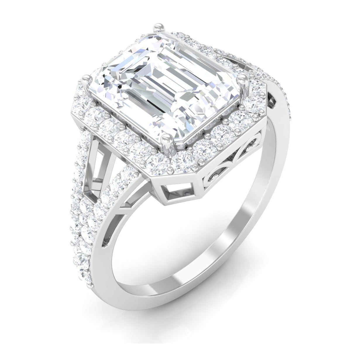 Split shank octagon cut zircon engagement ring by Rosec Jewels with sparkling central stone and intricate band design.