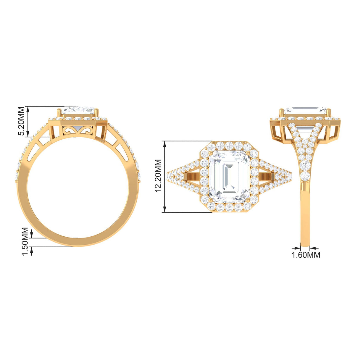 Split shank octagon cut zircon engagement ring by Rosec Jewels featuring a central gemstone and intricate band design.