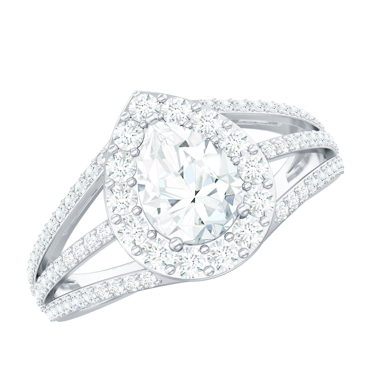 Pear-shaped cubic zirconia engagement ring with split shank design for women, featuring elegant craftsmanship by Rosec Jewels.