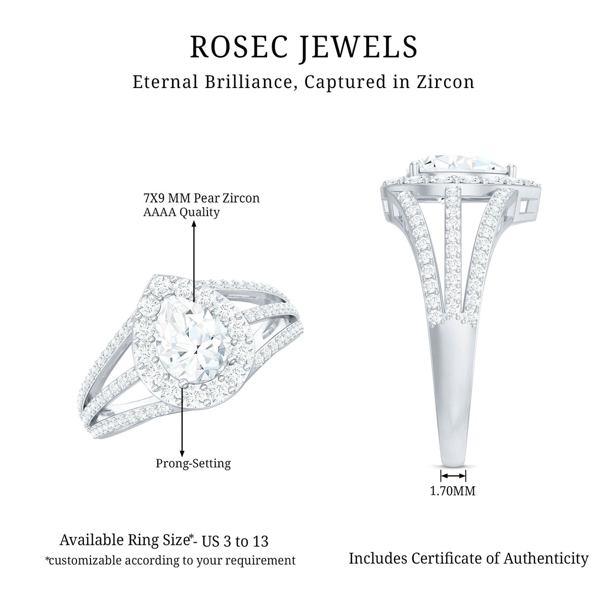 Pear-shaped cubic zirconia engagement ring with split shank design by Rosec Jewels, elegant women's ring featuring sparkling stones.