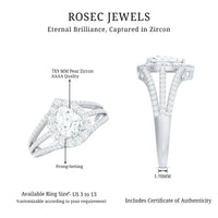 Pear-shaped cubic zirconia engagement ring with split shank design by Rosec Jewels, elegant women's ring featuring sparkling stones.