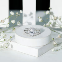 Pear-shaped cubic zirconia split shank engagement ring for women with sparkling stones, designed by Rosec Jewels.