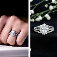 Pear-shaped cubic zirconia split shank engagement ring for women by Rosec Jewels, featuring sparkling gemstone and elegant design