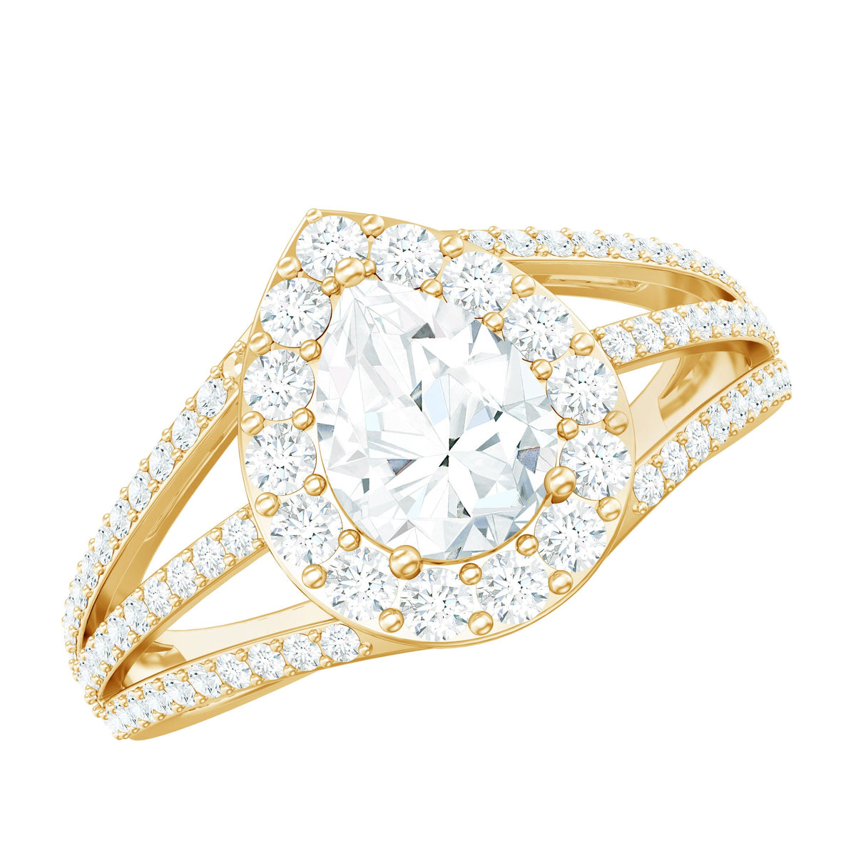 Pear-shaped cubic zirconia engagement ring with split shank design by Rosec Jewels, elegant women's jewelry.
