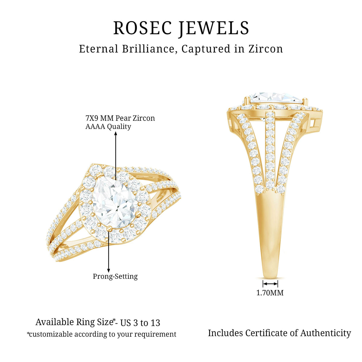 Pear-shaped cubic zirconia engagement ring with split shank design by Rosec Jewels, showcasing a sparkling center stone and elegant band.