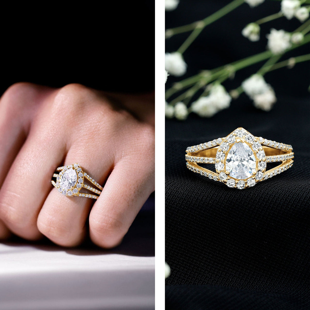 Pear-shaped cubic zirconia engagement ring with split shank design, crafted by Rosec Jewels for women.