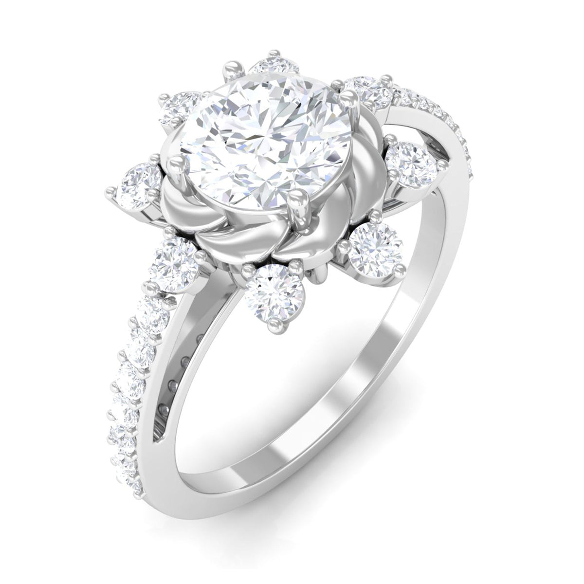 Round cubic zirconia designer engagement ring from Rosec Jewels featuring a sparkling central stone and intricate band design.