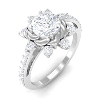 Round cubic zirconia designer engagement ring from Rosec Jewels featuring a sparkling central stone and intricate band design.