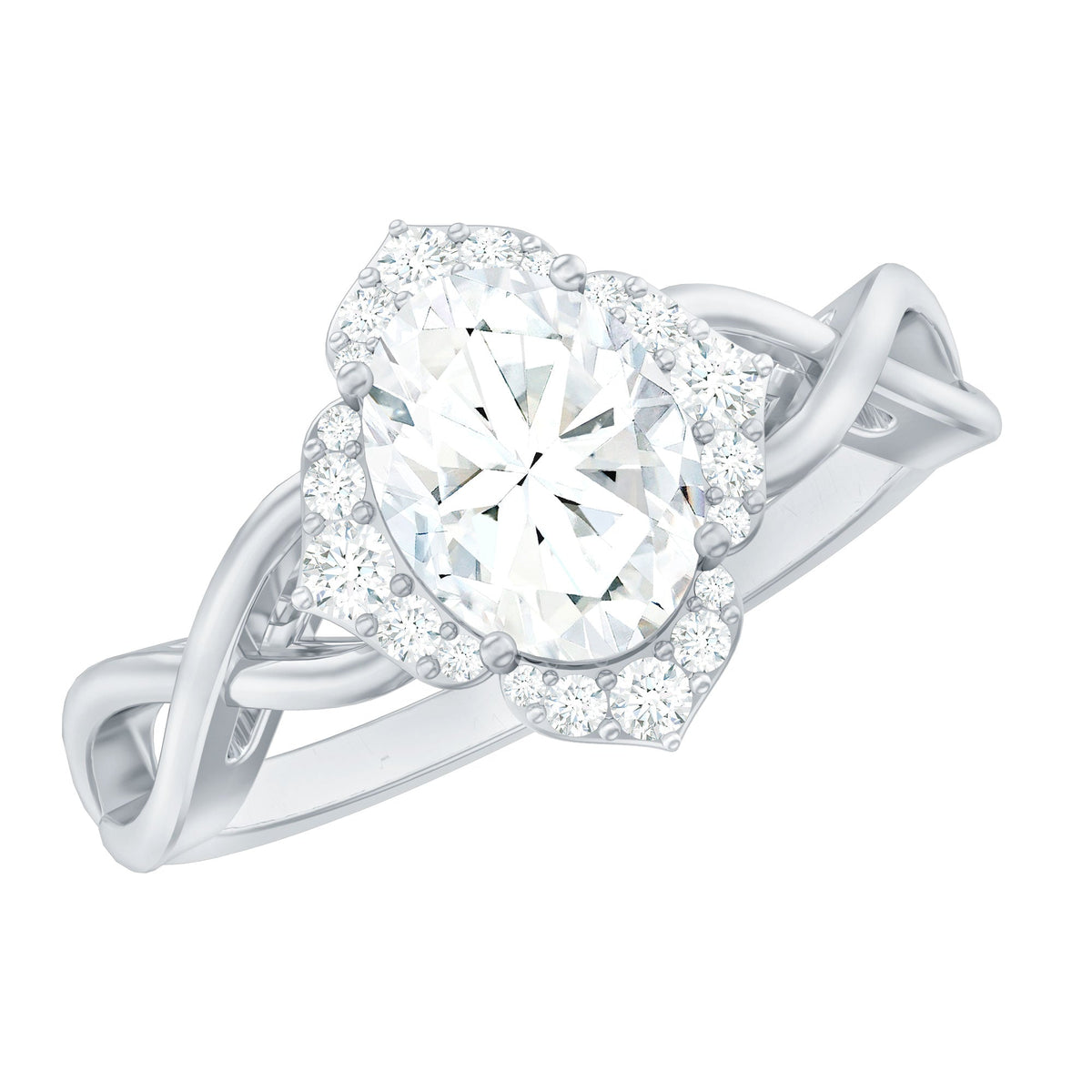 1.2 Carat Oval Cubic Zirconia Flower Engagement Ring in Crossover Shank