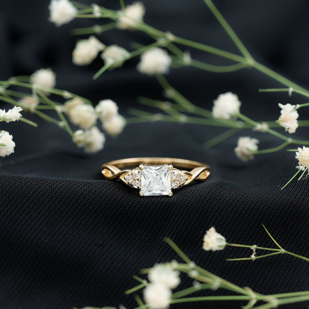 Rosec Jewels 1.25 CT princess cut cubic zirconia crossover engagement ring, elegant ring with sparkling stones and intricate design.
