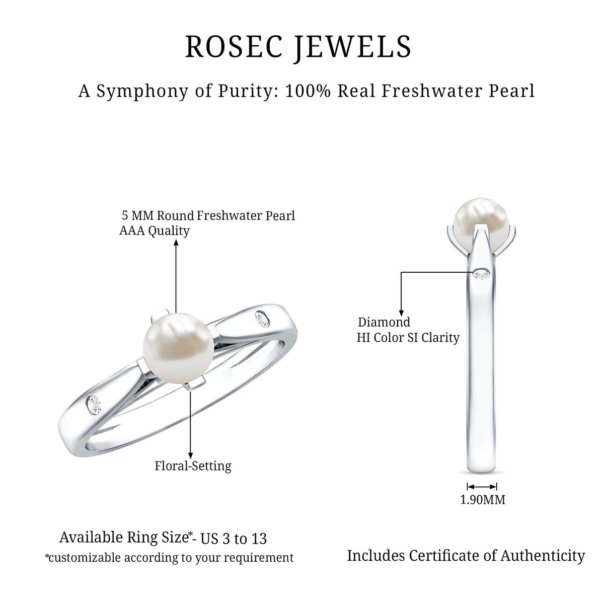 Cultured 2 Carat Freshwater Pearl Solitaire Promise Ring with Diamond