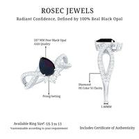 Designer Black Opal Teardrop Crossover Ring with Diamond