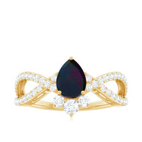 Designer Black Opal Teardrop Crossover Ring with Diamond
